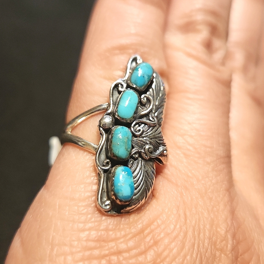 Turquoise Stone Silver Leaf Ring - Blue Accent Women’s Ring - Picture 3 of 5